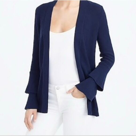 J. Crew Navy Cardigan Open Front Sweater, Layered Ruffle Sleeves Women’s Medium - Picture 1 of 10